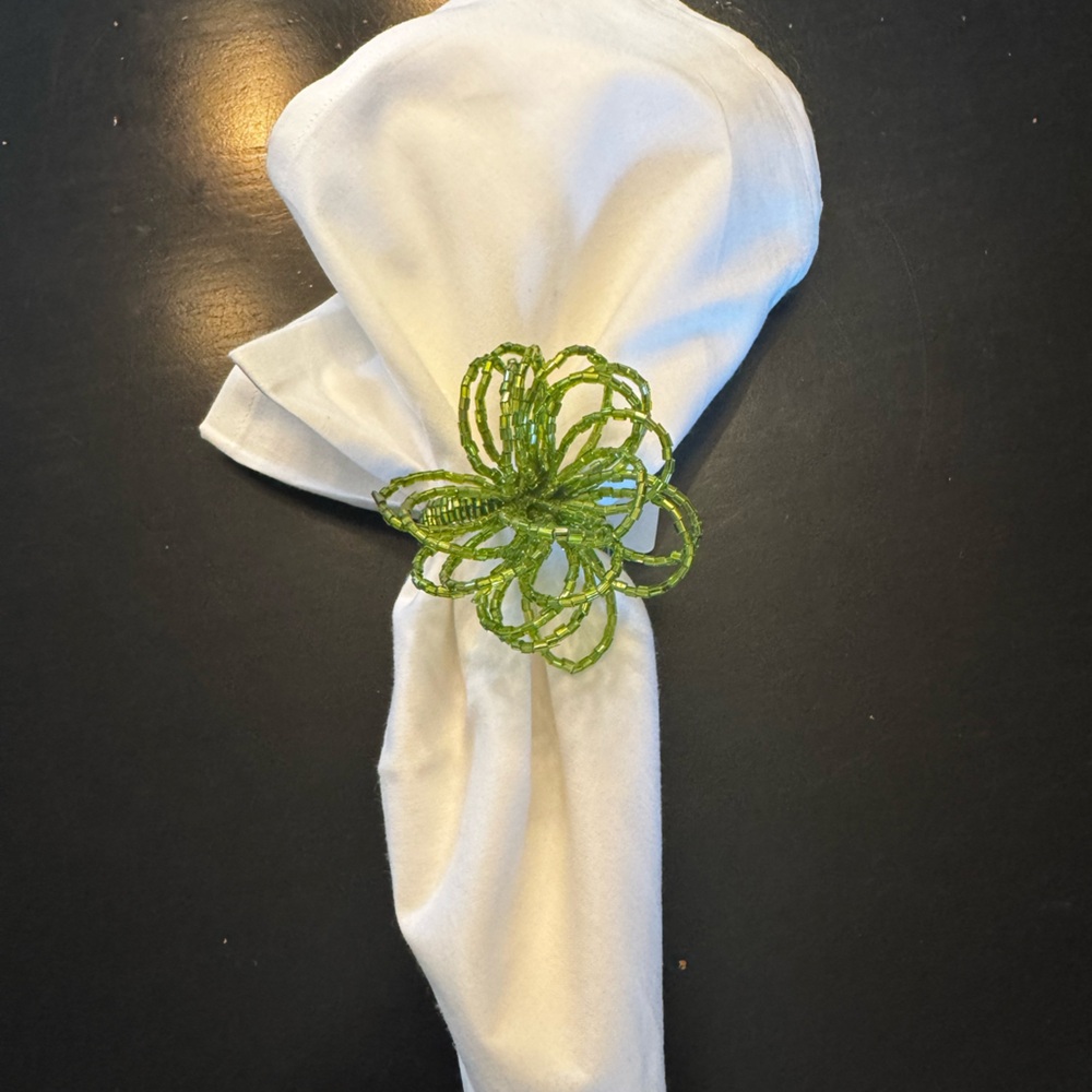 Crate&Barrel White Napkin with Green Beaded Flower Ring